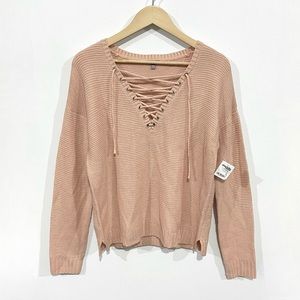 Charlotte Russe Lace-Up Tie V-neck Lightweight Textured Knit Sweater